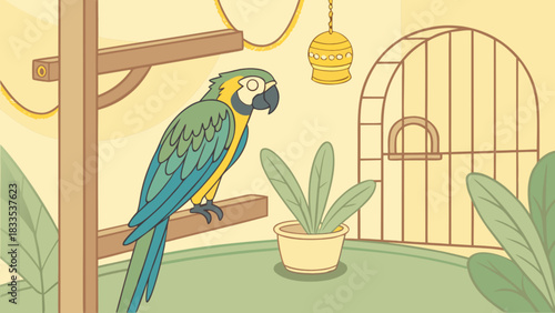 A cartoon illustration of a blue and yellow macaw perched near a birdcage and potted plant inside a room