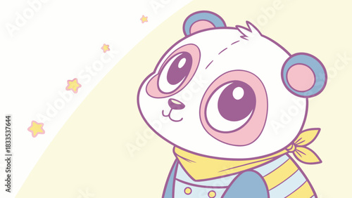 Cute cartoon panda with a yellow scarf looking up at the stars on a pastel background illustration