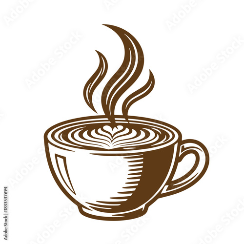 Artistic sketch vintage coffee cup featuring steaming latte art for cafe branding