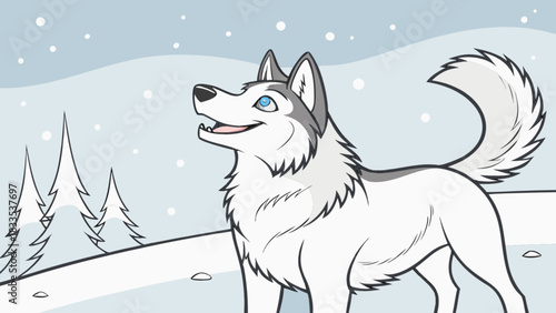 Cartoon husky with blue eyes standing in a snowy landscape with falling snow and evergreen trees