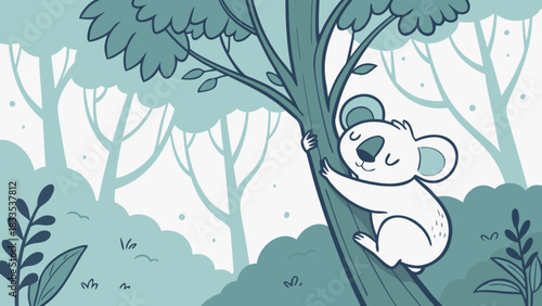 Cartoon illustration of a cute koala bear hugging a tree in a forest with a serene expression on its face
