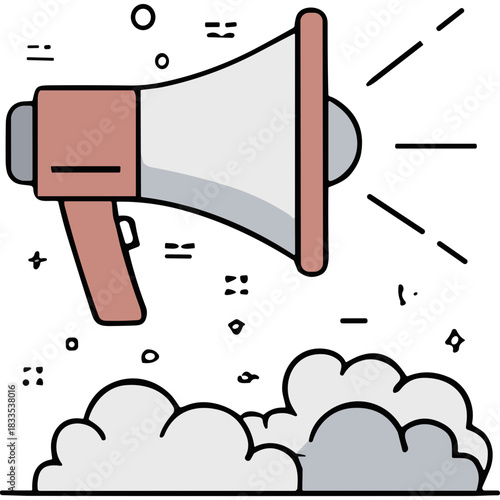 Pale Rose and White Megaphone Amplifying Sound Waves Over Fluffy Clouds A Symbol of Announcement and Communication