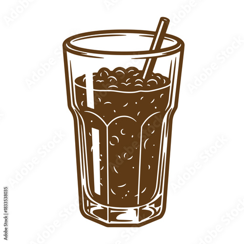 Brown beverage glass with straw sketch vintage illustration refreshing drink outline isolated