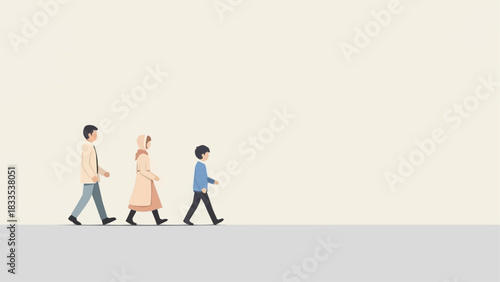 Family walking together on a plain background.