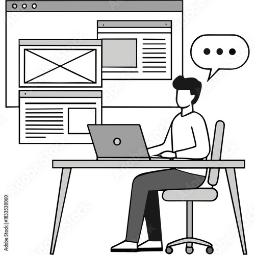 Person Designing Website Wireframes On Laptop At Desk With Multiple Browser Windows Open White Shirt And Dark Pants Black Chair With Wheels Gray Background