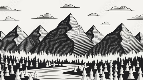Black and white woodcut style mountain range landscape illustration.