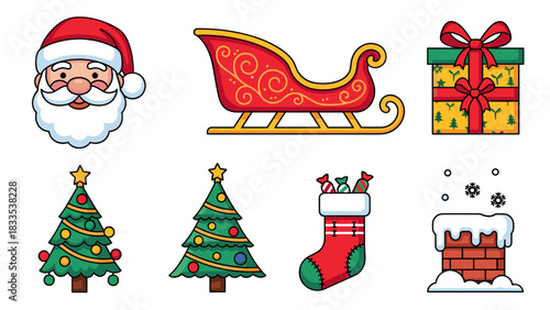 Set of cute cartoon christmas holiday icons including santa face sleigh gift tree stocking and chimney