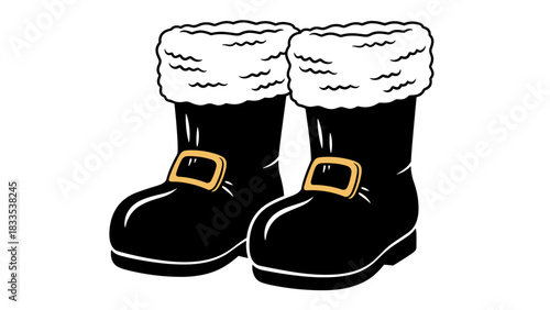 A pair of black cartoon santa claus boots with white fur trim and gold buckles
