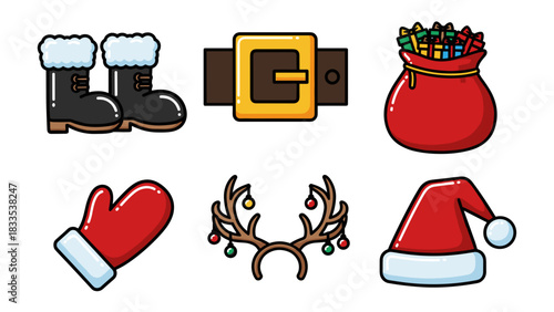 Collection of cartoon christmas costume elements including santa boots, belt, gift sack, mitten, reindeer antler headband, and hat
