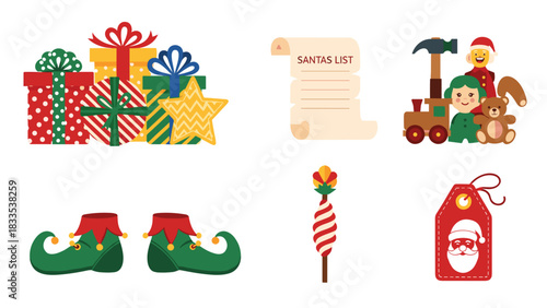 Collection of christmas holiday element icons including gift box, santa list, toy, elf shoe, candy cane, and tag