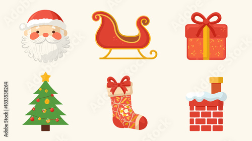Collection of cute cartoon christmas icons including santa claus face, sleigh, gift box, tree, stocking, and chimney