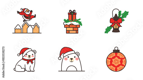 Collection of cute christmas and winter holiday icons featuring santa polar bear chimney gift lantern and ornament