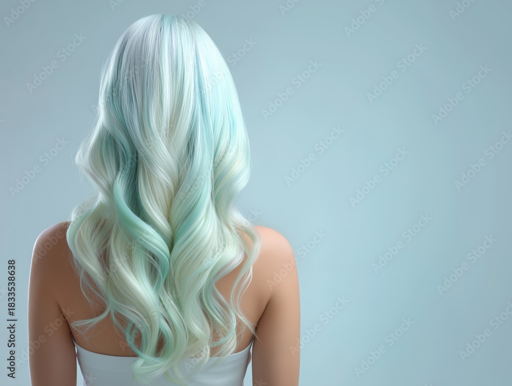Fototapeta premium Stunning wavy hairstyle with unique blue and white ombre, perfect for a vibrant and eye-catching makeover, ideal for beauty and fashion campaigns
