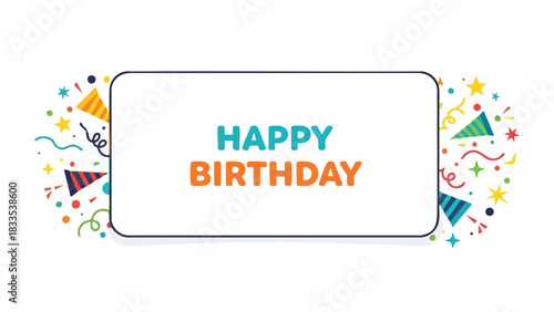 Festive 'Happy Birthday' Illustration with Confetti and Party Hats on White Background