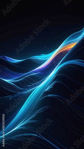 Abstract depiction of flowing, glowing lines in shades of blue, purple, and orange against a dark background.