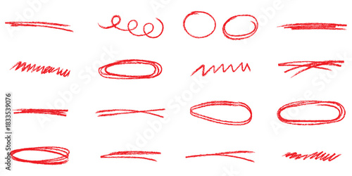 Red marker strokes set. Hand drawn lines for underlining text. Grunge brush paint stripes. Highlight scribble. Correction cross out sign.