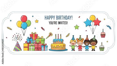 Festive Birthday Party Invitation Design with Cheerful Cartoon Kids and Colorful Decorations