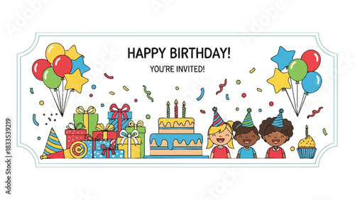 Festive Birthday Party Invitation with Cartoon Characters and Colorful Decorations