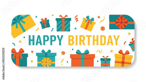 Festive Birthday Banner with Colorful Gift Boxes and Confetti