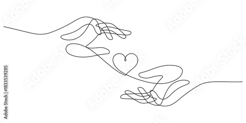 two hands care and protect heart one line drawing continuous