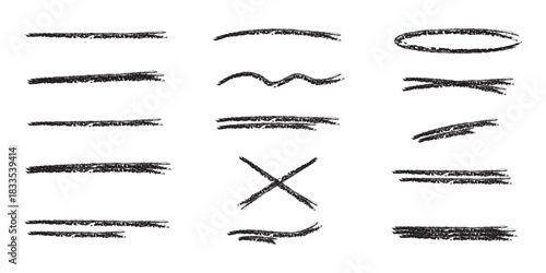 Hand drawn underline set. Marker brush strokes collection. Rough charcoal strokes. Collection of vector grunge brushes. Vector horizontal chalk lines drawn by hand.