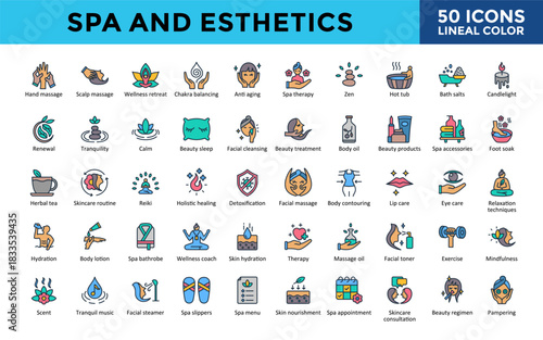 Spa and Esthetics icons set with scalp massage, wellness retreat, chakra balancing, anti aging icon. Simple lineal color vector illustration. Editable stroke 
