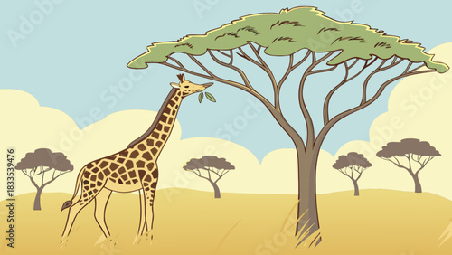 A cartoon giraffe eating leaves from a tree in a savanna landscape with other trees in the background
