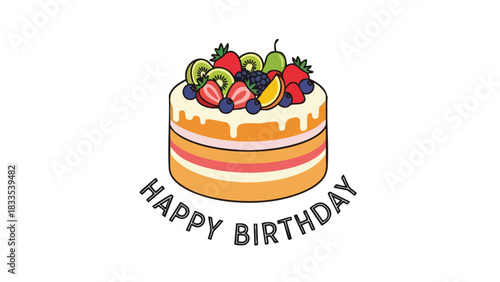 Colorful Birthday Cake Illustration with Fresh Fruits