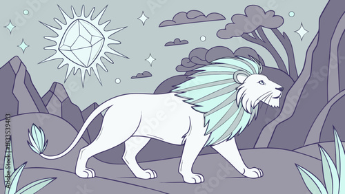 A majestic lion with a teal mane walking through a landscape under a shining diamond sun light