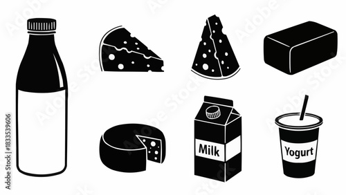 Black and white icon set of various dairy products.
