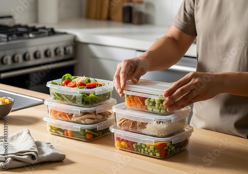 Efficient Meal Preparation for a Healthy Lifestyle A Person Neatly Arranging Freshly Cooked Nutritious Food in Stackable Containers within a Modern Kitchen Setting