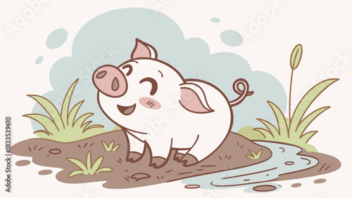 Illustration of a cartoon pig standing in mud near a stream with grass and clouds behind it