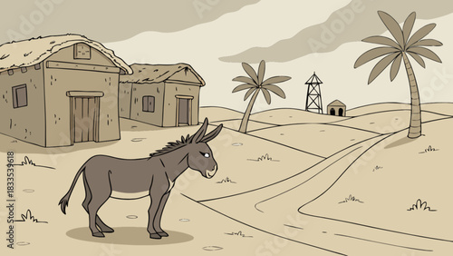 A donkey in a desert landscape with buildings and palm trees under a cloudy sky in a cartoon style