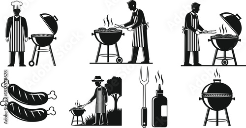 Black and White Barbecue Icons, Chef Grilling Meat on BBQ Grill with Sausage, Tongs, Apron, and Sauce Bottle