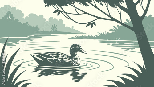 A serene scene of a duck swimming in a calm lake surrounded by trees and lush green vegetation