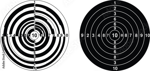Black and white abstract target pattern next to a standard concentric circle bullseye target for sports, practice, and aiming concept, isolated on white background