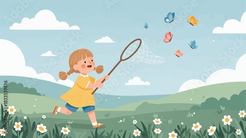 Young girl joyfully chasing butterflies with a net in a sunny meadow.