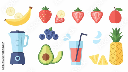 Assortment of Fresh Fruits and Smoothie Preparation Elements.