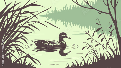 A serene scene of a duck swimming in a pond surrounded by reeds and trees in a natural setting