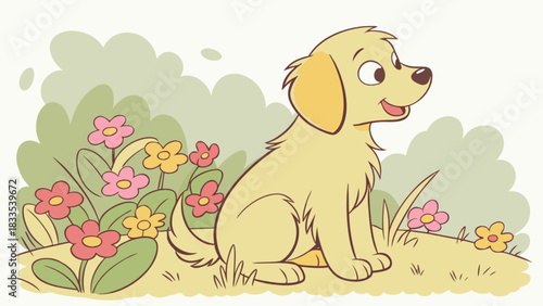 Cartoon golden retriever sitting in a field of flowers with a green bush behind it smiling happily
