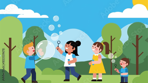 Children happily blowing bubbles in a park on a sunny day.