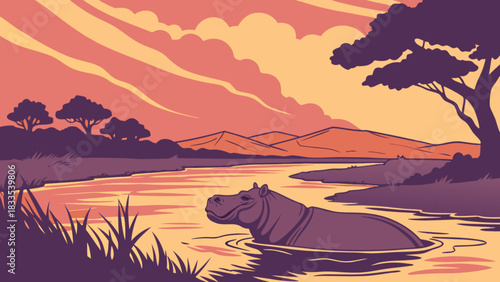 Illustration of a hippo in a river at sunset with trees and mountains in the background scene view