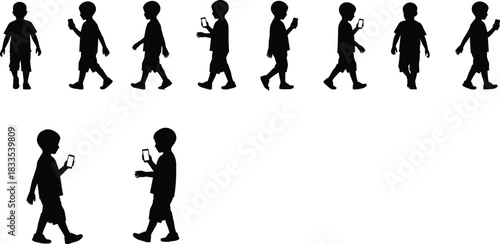 Child silhouettes walking and standing, absorbed in mobile phones, representing digital distraction, screen time, and young addiction in modern life.