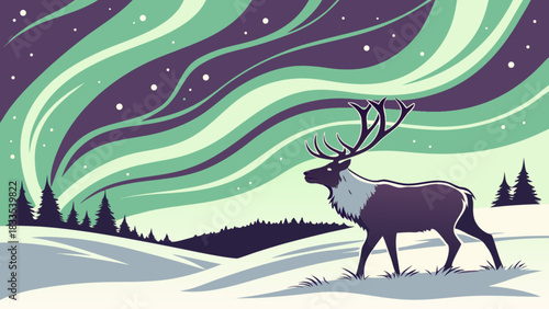 A reindeer standing in a snowy landscape under the aurora borealis with pine trees in the distance