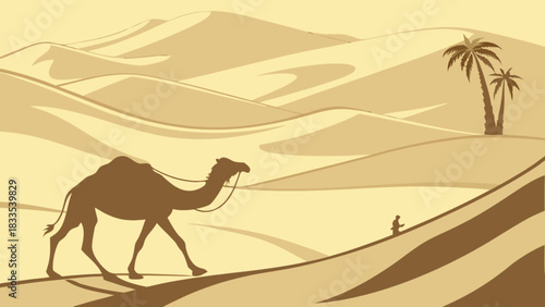 A desert landscape with a camel and a person walking among the sand dunes and palm trees in the distance