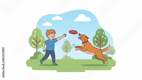 Boy playing frisbee with his dog in the park.