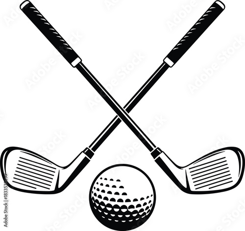 Crossed Golf Clubs and Ball Emblem, Black and White Vector Graphic for Sport, Tournament, or Golf Course Logo Design