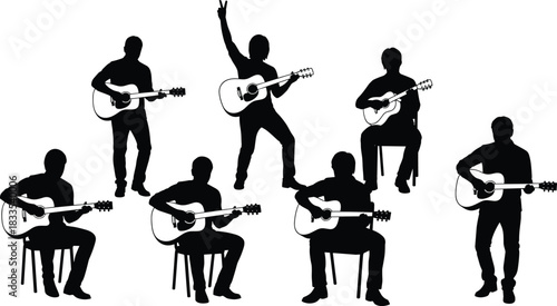Dynamic Musicians Playing Acoustic Guitars, Isolated Black on White Background, Music Performance, Band, Rock, Entertainment, Live Show.