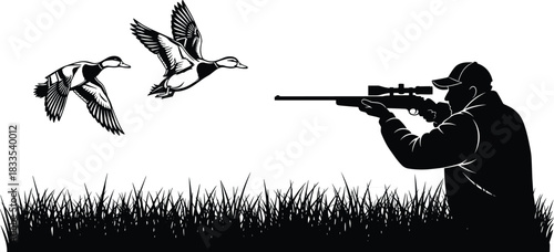Duck Hunter Silhouette Aiming Rifle at Flying Mallards Over Grassland, Black and White Hunting Season Vector Graphic