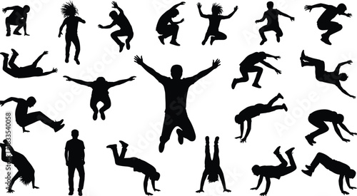 Energetic Black Silhouette Collection of People Jumping, Falling, Dancing, and Performing Acrobatics: Dynamic Poses Representing Freedom, Action, and Excitement